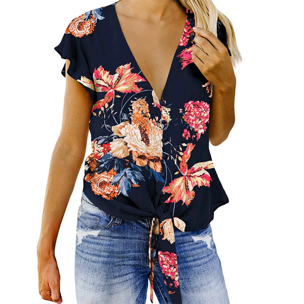 

Women Print Blue Ruffle Short Sleeve V-Neck Button Tie Knot Chiffon Tops Casual T Shirt Summer Female Girl's Clothing ShirtsTees