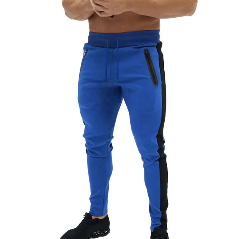 Мужские штаны для бега, фитнеса, спортзала, высокие эластичные спортивные штаны, для спортзала, повседневные, для тренировок, в полоску, для баскетбола, спортивная одежда, мужские спортивные штаны - Цвет: Синий