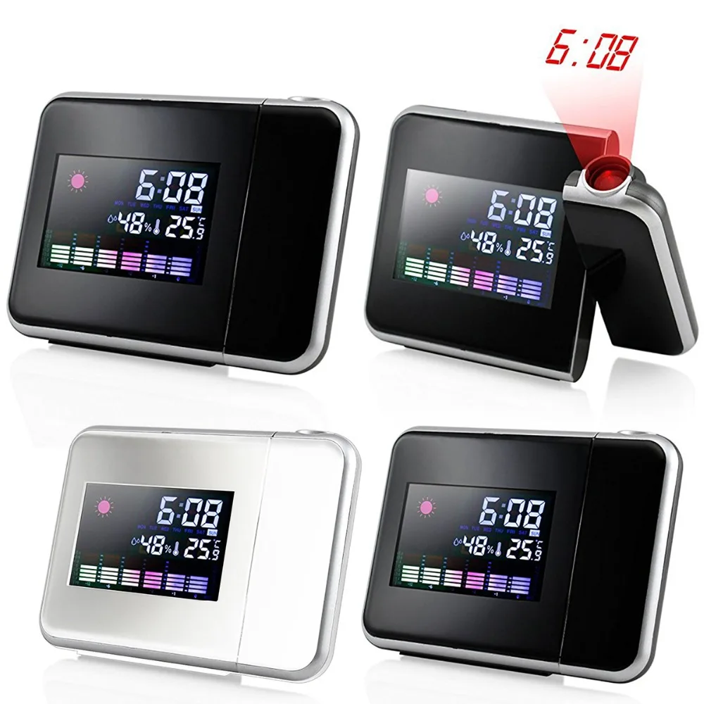 

LED Display Digital LCD Projection Alarm Clock Weather Temperature Snooze Function Thermometer Humidity Table Clock Decor