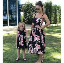 rose tank mother daughter dress mommy and me clothes family look mom mum and daughter matching clothes outfits dresses clothing family look clothes brand european black rose pleated a shape sleeveless skirts women midi sundress mother and daughter dresses