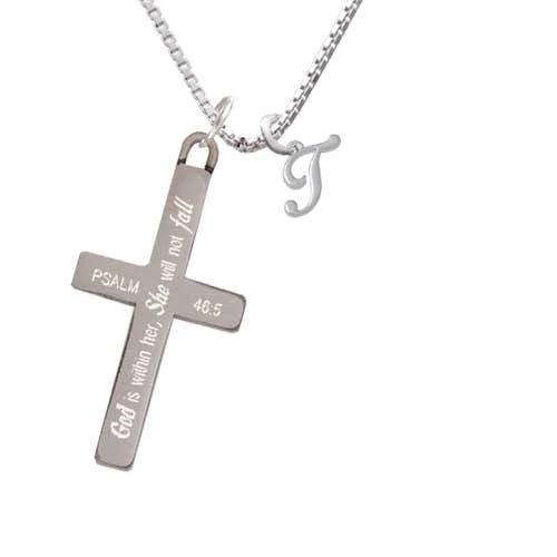 Mini Gelato Script Initial - T - - She will not Fall - Cross Necklace (1)