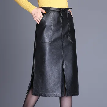 

skirt PU 2017 new high waist big yards open fur leather skirt autumn winter long paragraph black package hip a word long 33197
