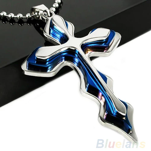 

necklaces pendants Men's Silver Blue Stainless Steel Cross Pendant W/ Free Chain Necklace 00GQ
