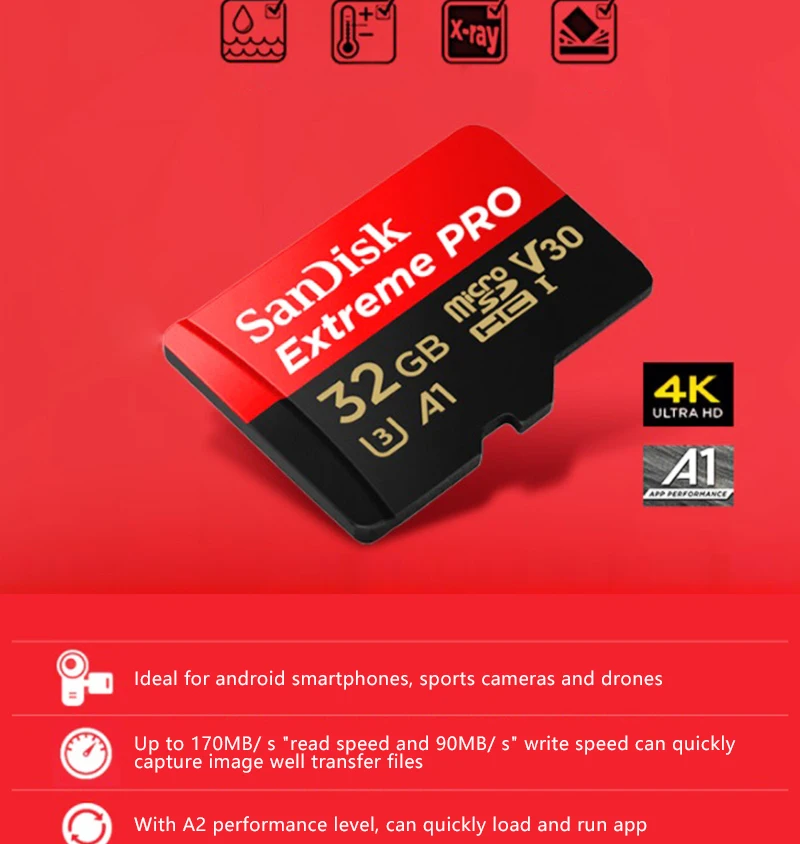 sandisk Extreme Pro Micro SD карты A2 V30 U3 64 Гб 128 ГБ до 170 МБ/с. sandisk TF карта, карта памяти Micro SD с адаптером SD