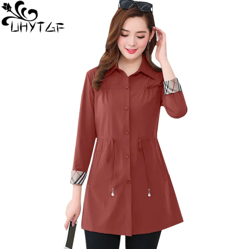 

UHYTGF Spring autumn trench coat for women fashion Slim thin top Solid color Wild Casual women coat Loose plus size outerwear 96