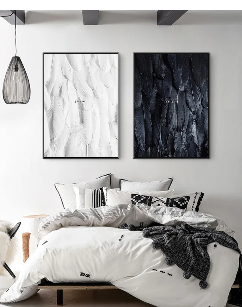 Скандинавские современные черно-белые перьевые плакаты и принты, Картина на холсте, настенные художественные настенные картины для гостиной, узкая стильная картина