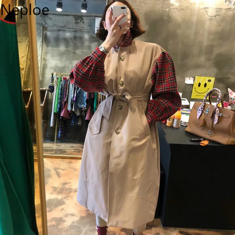 

Neploe Autumn Winter Trench for Women Long Coat Plaid Contrast Color Patchwork Overcoat with Belt Single Breasted Jacket 53890