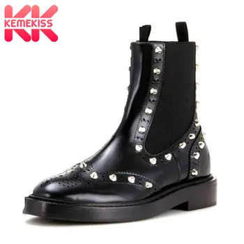 

KemeKiss Women Genuine Leather Boots Female Rivets sexy Shoes Ankle Boots Chelsea Motorycycle Ladies Flats Footwear Size 33-40