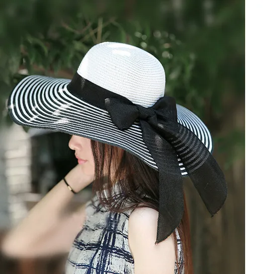 10 шт./партия,, женский в Корейском стиле, Черно-Белая Летняя женская шляпа в полоску, большой пляжный навес, Солнцезащитная соломенная шляпа