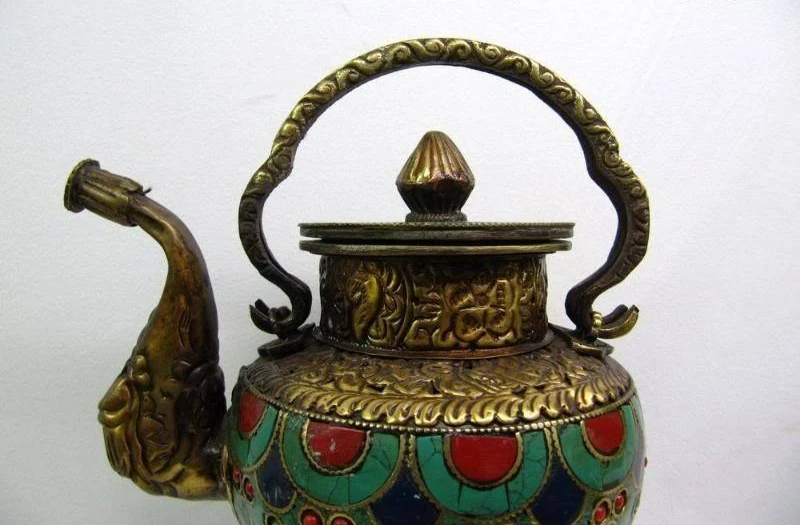 

6 Tibet Bronze Copper handwork inlay coral turquoise Flagon wine pot teapot Pot