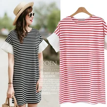 Fashion Lady Oversized Pleated Chiffon Sleeve Patchwork Cotton Spandex Striped Dress 2019 Women's Plus-sized Stretchy Dress Fashion Lady Oversized Pleated Chiffon Sleeve Patchwork Cotton Spandex Striped Dress 2019 Women's Plus-sized Stretchy Dress