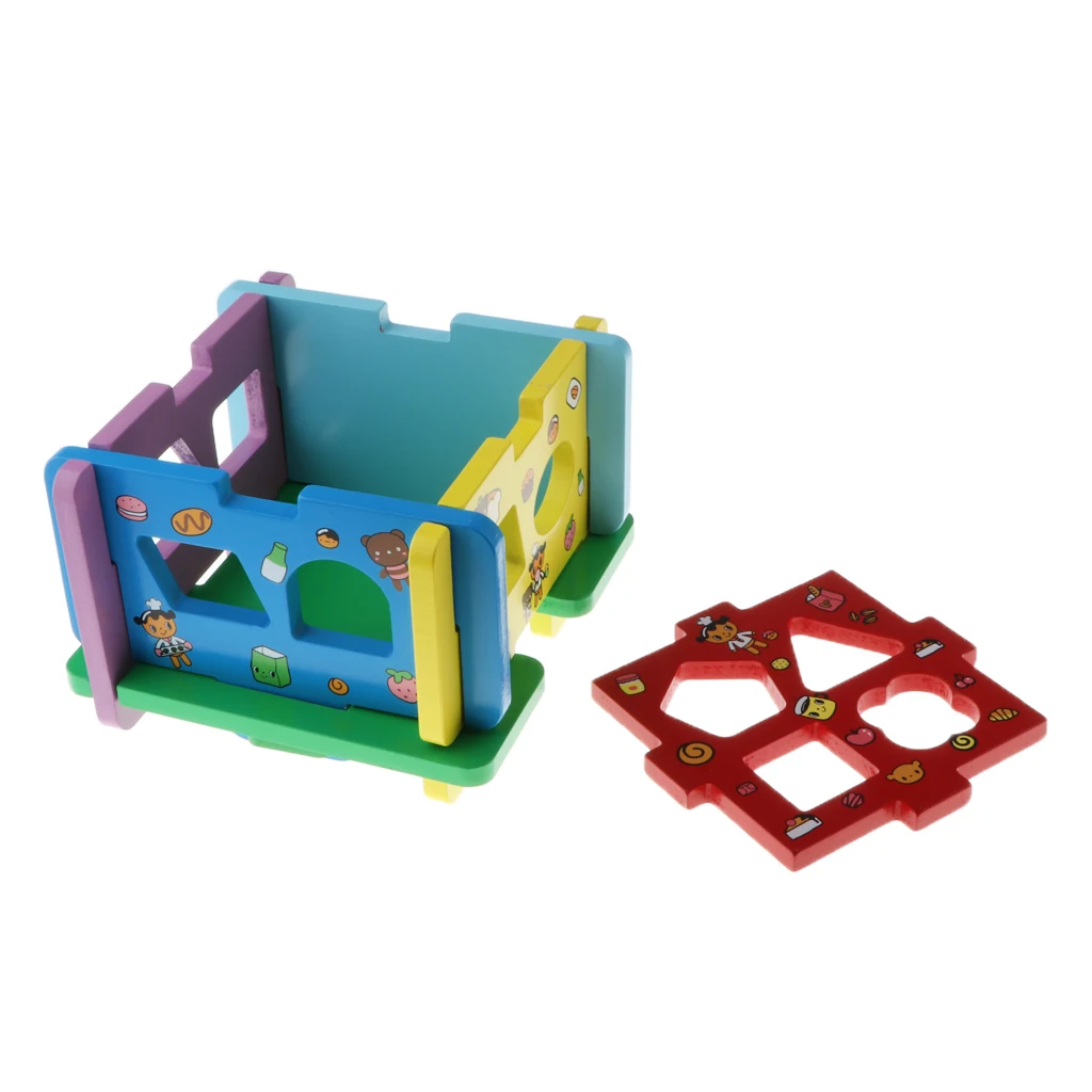 Wooden Shape Sorting Cube Educational Toy for Children, 10 Geometric Shape Blocks Double-Sided Assorted Color Pieces