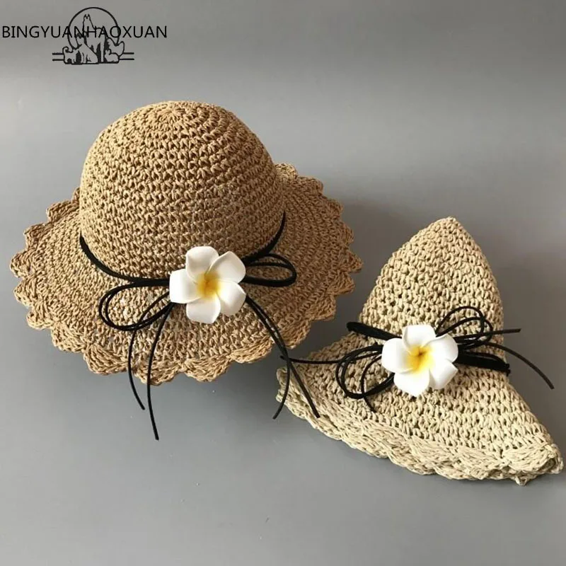 

2018 Fashion Women Flower Hats Handmade Straw Wide Brim Casual Hats Summer Hat Between Parents And Children Cute Beach Hat