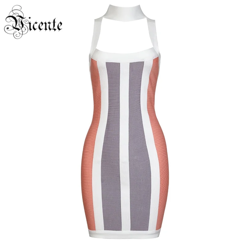 Chaude Bandage Mode Celebrity En Du Rayé Vicente De 2019 Couleur Élégante Robe Nouvelle Manches Multi Ras Cou Femmes Gros Sans Party j5LA43R