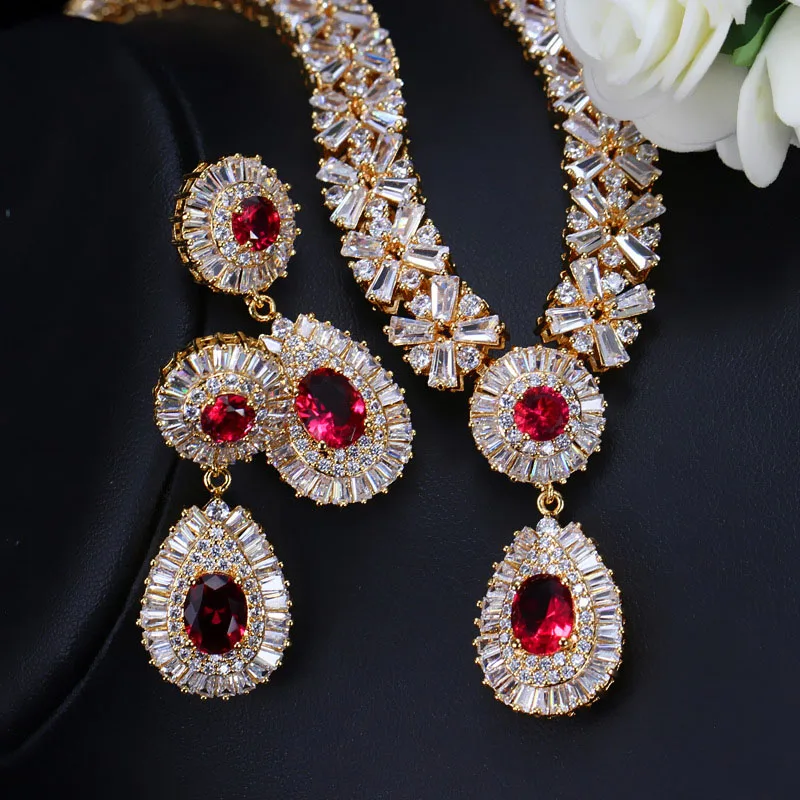 BeaQueen Luxury CZ Stone Paved Red Garnet Austria Crystal Statement Necklace Earrings for Women Wedding Jewelry Set JS059 - Окраска металла: Gold Red