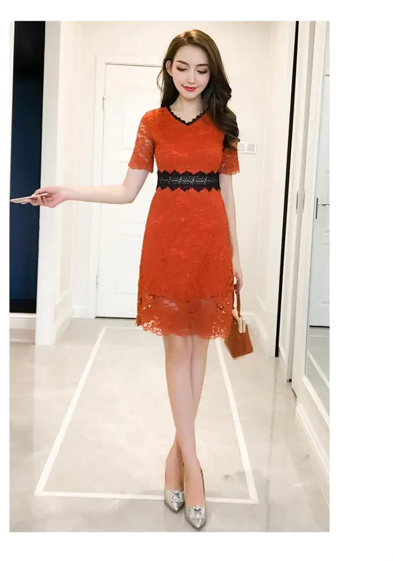 2018 New Red Blue Spring Summer Lace Women dress Short Sleeve Slim Collect Waist In Long Dresses S-XL