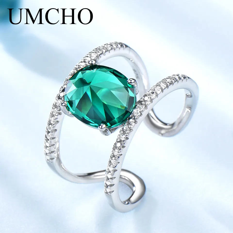 UMCHO Created Emerald Gemstone Ring 925 Sterling Silver Rings For Women