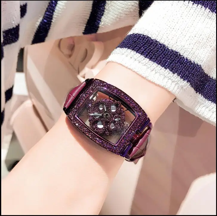 

luxury brand hollow 3D Rotate dial Lucky watches women diamond watches Genuine Leather quartz waterproof lady wristwatches