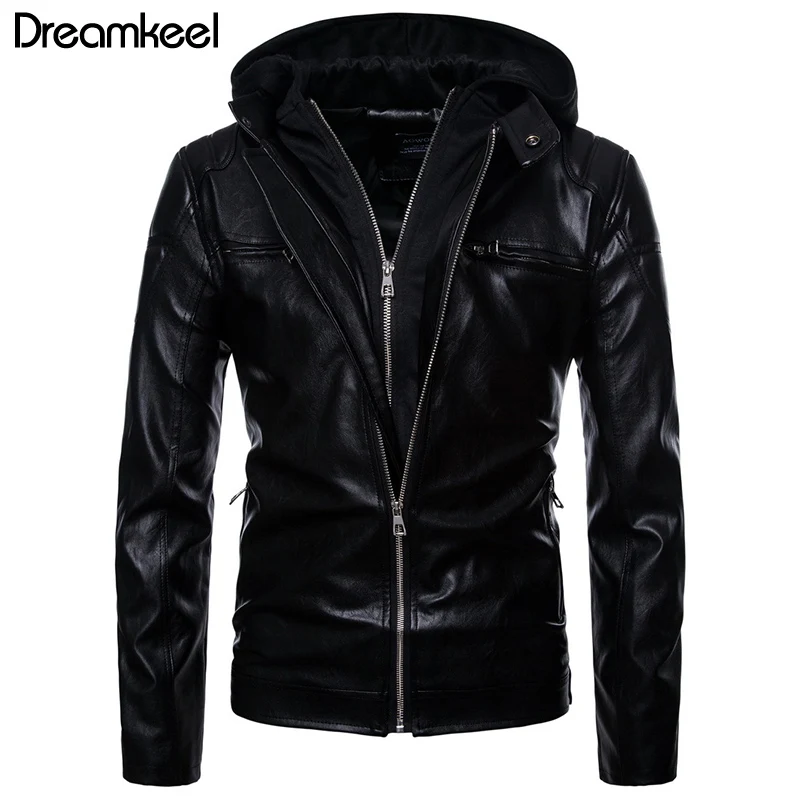 

Black Hooded Leather Jacket Men Fake Two Pieces Zipper Male Leather Jackets and Coat Casual Mens Motorcycle Pu Leather Jackets Y