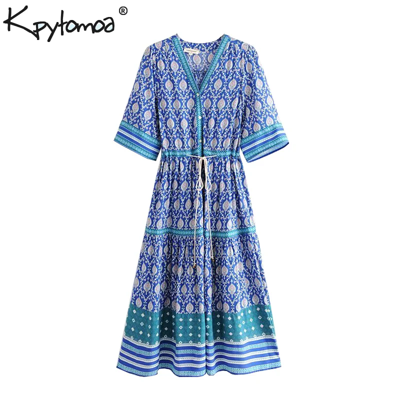 

Boho Chic Summer Vintage Floral Print Midi Dress Women 2019 Fashion V Neck Short Sleeve Lace Up Beach Dresses Vestidos Mujer