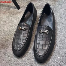 Hanbaidi Mens Loafers Fashion Black Bukle Decor Stone Crack Skin Causal Shoes Street Style Party Dress