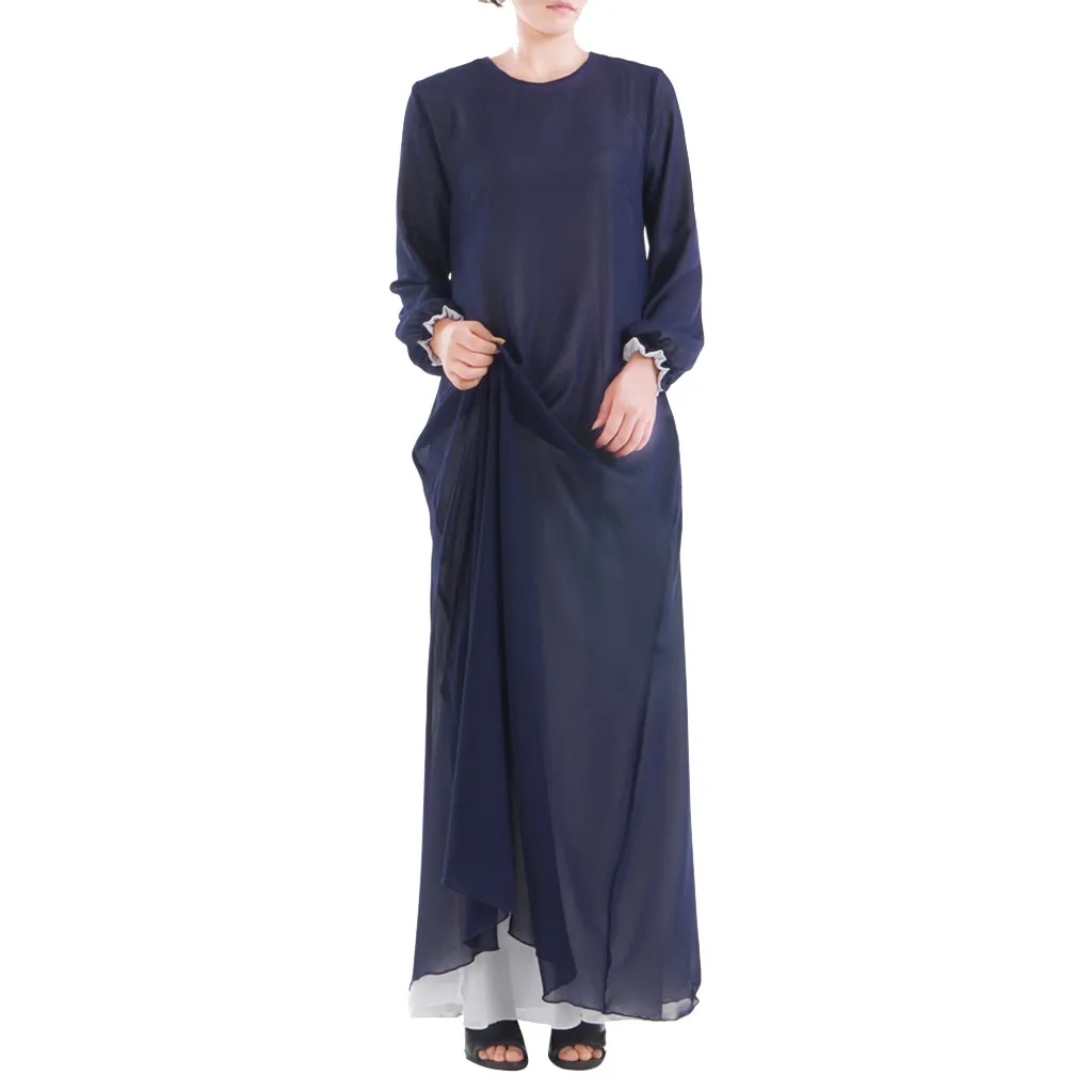 Мусульманская женская одежда с обеих сторон Дубай абайя макси платья мусульманская одежда женское Повседневное платье с длинным рукавом и круглым вырезом a417
