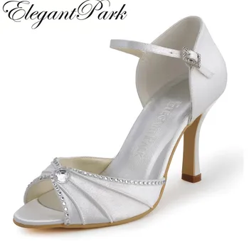 

Woman Shoes EL-033 White Ivory Peep Toe Rhinestone 3.5" High Heel Ankle Strap Satin Wedding Bridal Shoes Evening Party Pumps