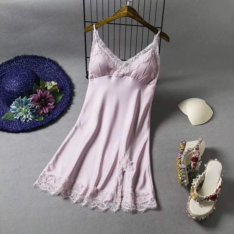 Женское шелковое кружевное Ночное платье, сексуальная летняя Ночная рубашка на бретельках, нижнее белье, домашняя одежда для сна - Цвет: Розовый