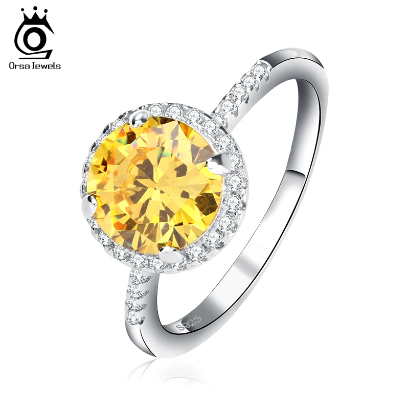 

ORSA JEWELS 2 ct Yellow Imitated Cubic Zirconia Ring with Micro Pave CZ 2019 Charming Silver Color Ring for Anniversary OR54