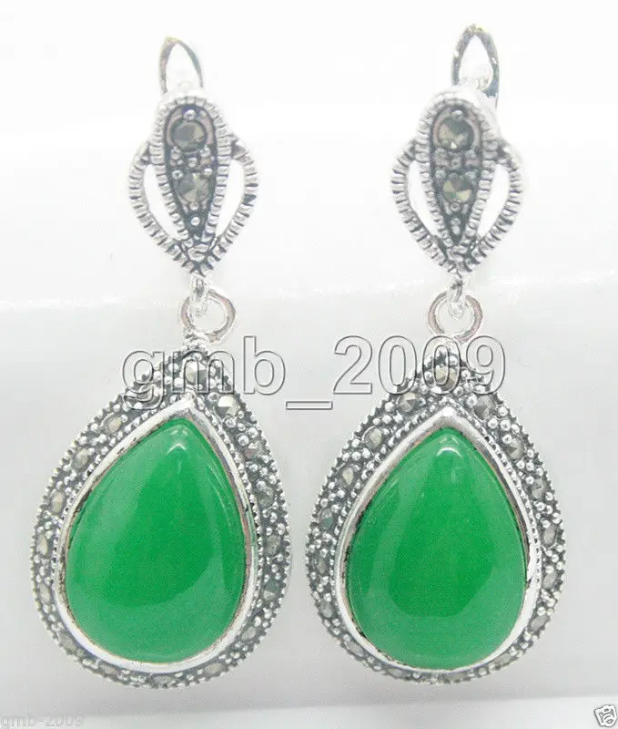 

FASHION WOMEN'S NATURAL GREEN JADE MARCASITE 925 STERLING SILVER DROP EARRINGS