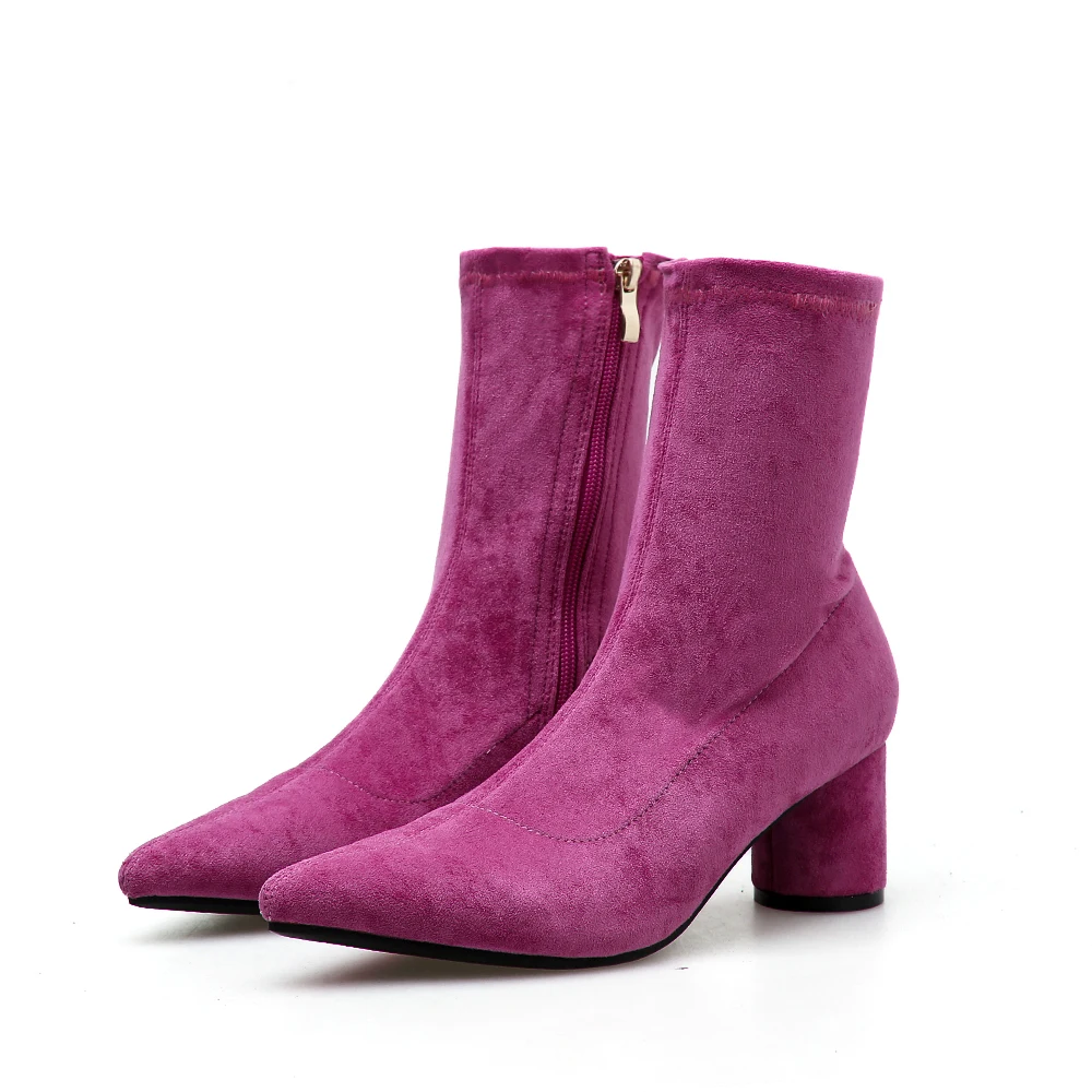 

Women's boots 2018 autumn and winter fashion new plus velvet candy color boots pointed thick with high tube women's boots wild