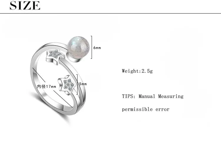 Anenjery, новое модное женское кольцо с лунным камнем, указательный палец, 925 пробы, серебро, циркон, звезда, кольцо anillos anel S-R374