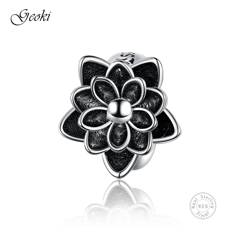 

Geoki 925 Sterling Silver Black Enamel Lotus Floral Charms fit Original Pandora Bracelet Flower-shaped Beads Necklace Pendant