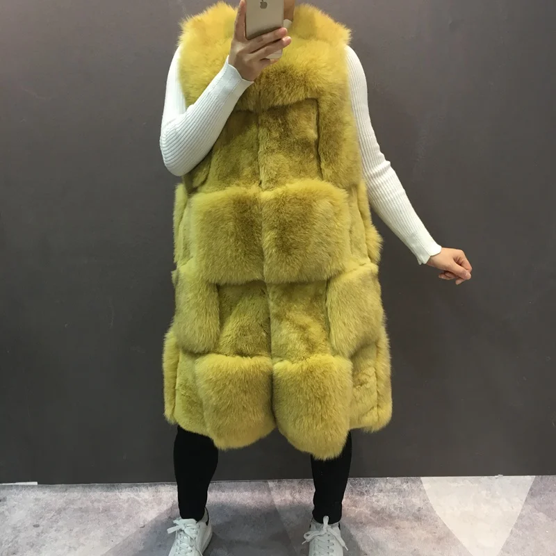 

2018 new ladies genuine fox fur gilet long A style women natural fox fur vest with rabbit fur femme winter warm fashion gilet