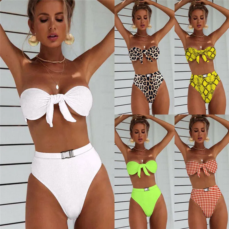 

Women Push Up Bikini Set Two-Piece High Waist Print Thin Padded Bra Swimwear Bandage Swimsuit Bathing Suit 2019 New