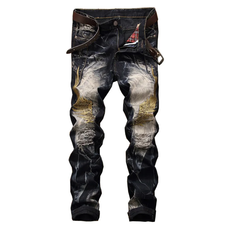 

Dropshipping Bright Embroidery Bird Wing Jeans Men Casual Biker Jeans Men's Straight Denim Ripperd Slim Fit Hip Hip Moto Pants