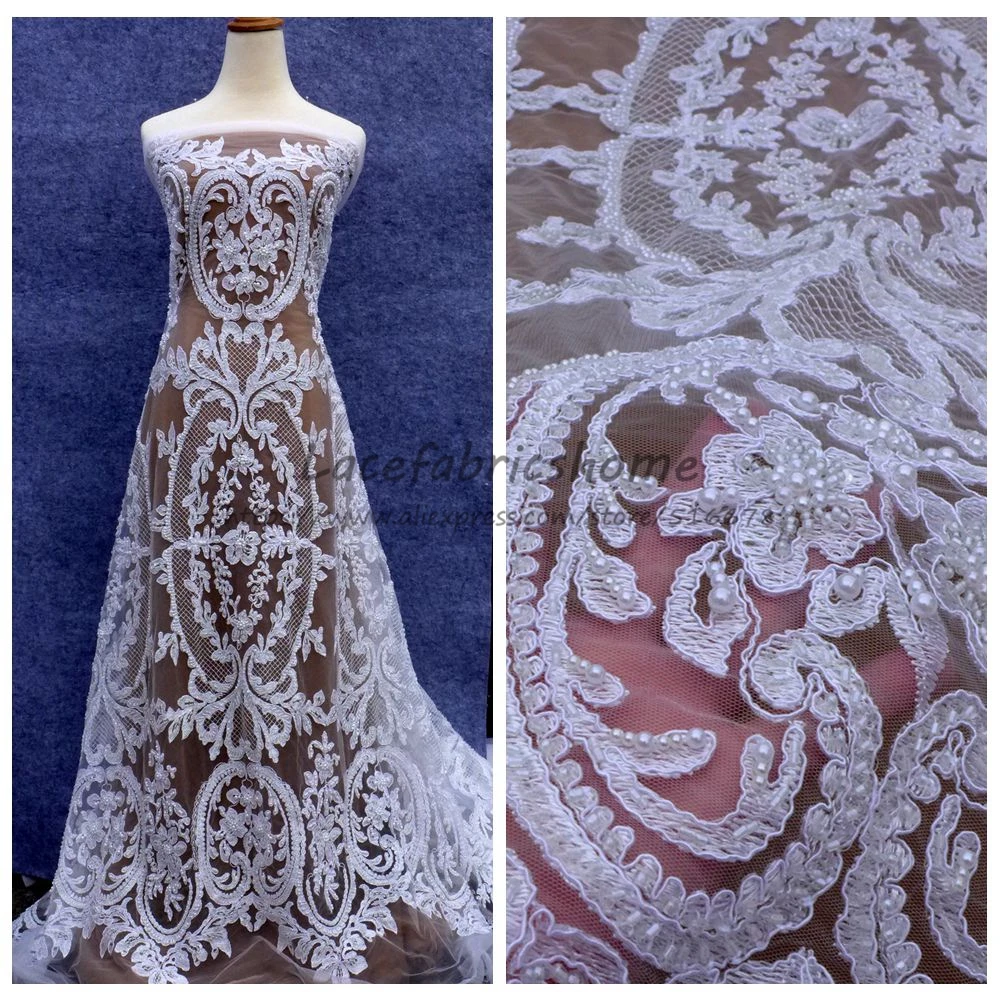

Off white/ivory cord handmade beading pearls wedding/ evinging/show dress lace fabric 51'' width beaded brides fabric