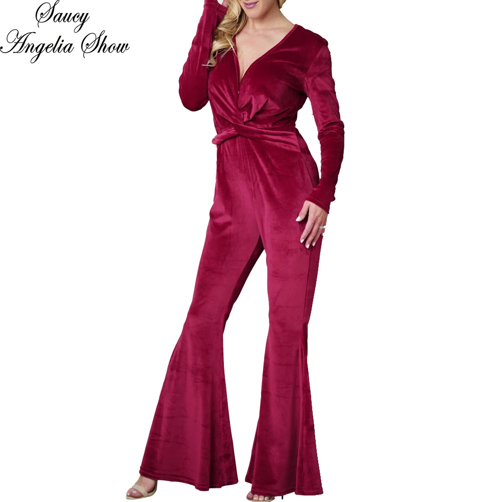 

SAUCY ANGELIA Rompers Womens Jumpsuit Red Sexy Cross Velvet Deep V Bodysuits Flared Party Overalls Combinaison Femme Playsuits