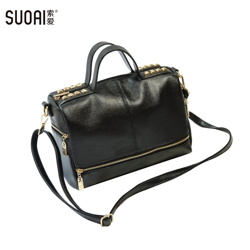 

SUOAI Women Shoulder Bag Fashion Female Rivet Trunk Messenger Bags Vintage Pu Motorcycle Bags For Women