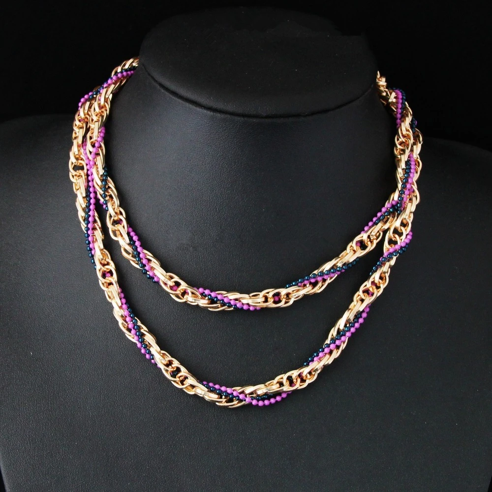 

CirGen 5 color,Fashion Bohemia Cute 2 Color Bead Wrapped Gold Color Chain Mix Long Necklace For Women Dress Jewelry Item,AF039