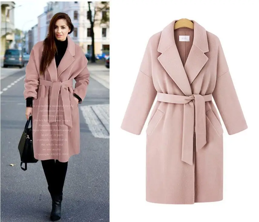Новые осенне-зимние женские пальто Vestidos свободного кроя размера плюс с отложным поясом, шерстяное пальто для женщин, большая верхняя одежда