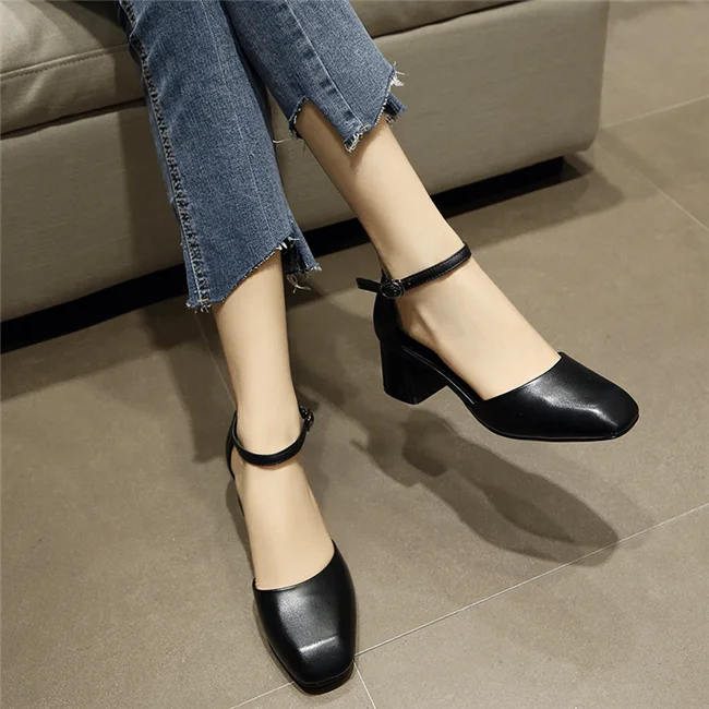 YMECHIC/; женские офисные модельные туфли из натуральной кожи с квадратным носком; женские туфли-лодочки из натуральной кожи на высоком массивном каблуке с ремешком на лодыжке
