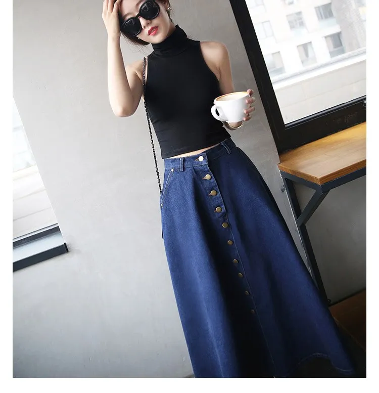 Женская новая однобортная джинсовая юбка с высокой талией в Корейском стиле, большая длинная юбка, Женская Универсальная джинсовая юбка кэжуал