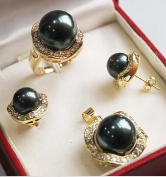 

2027 Gorgeous Black Shell Pearl Necklace Earrings Ring Set