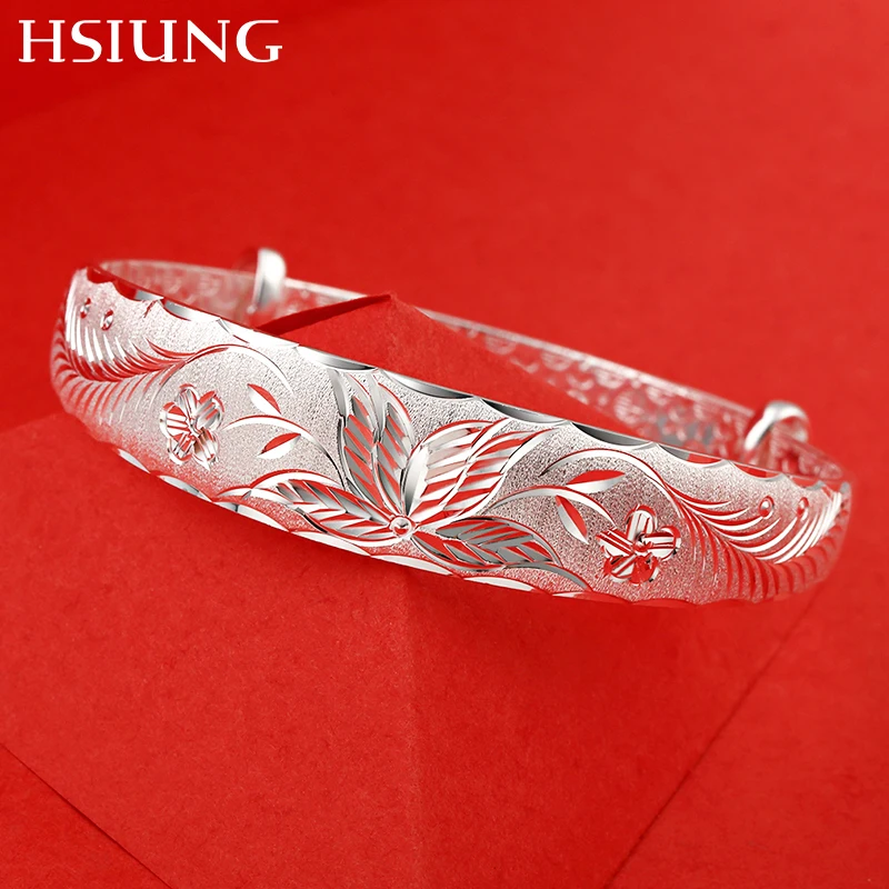 

HSIUNG silversmith S999 fine pure silver bracelets female frosted vintage lotus traditional elegant ethnic bangles