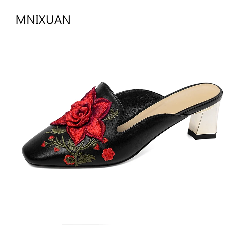 

MNIXUAN Fashion women pumps shoes high heels mules shoes chinese embroidered genuine leather square toe slip on slippers sandals