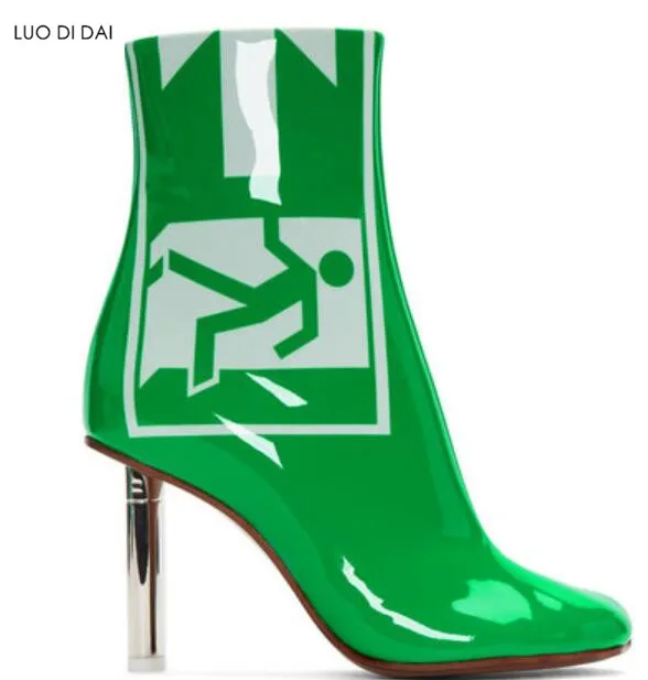 

2018 new women patent leather boots ladies ankle green booties chunky heel boots lighter heel boots chic booties point toe party