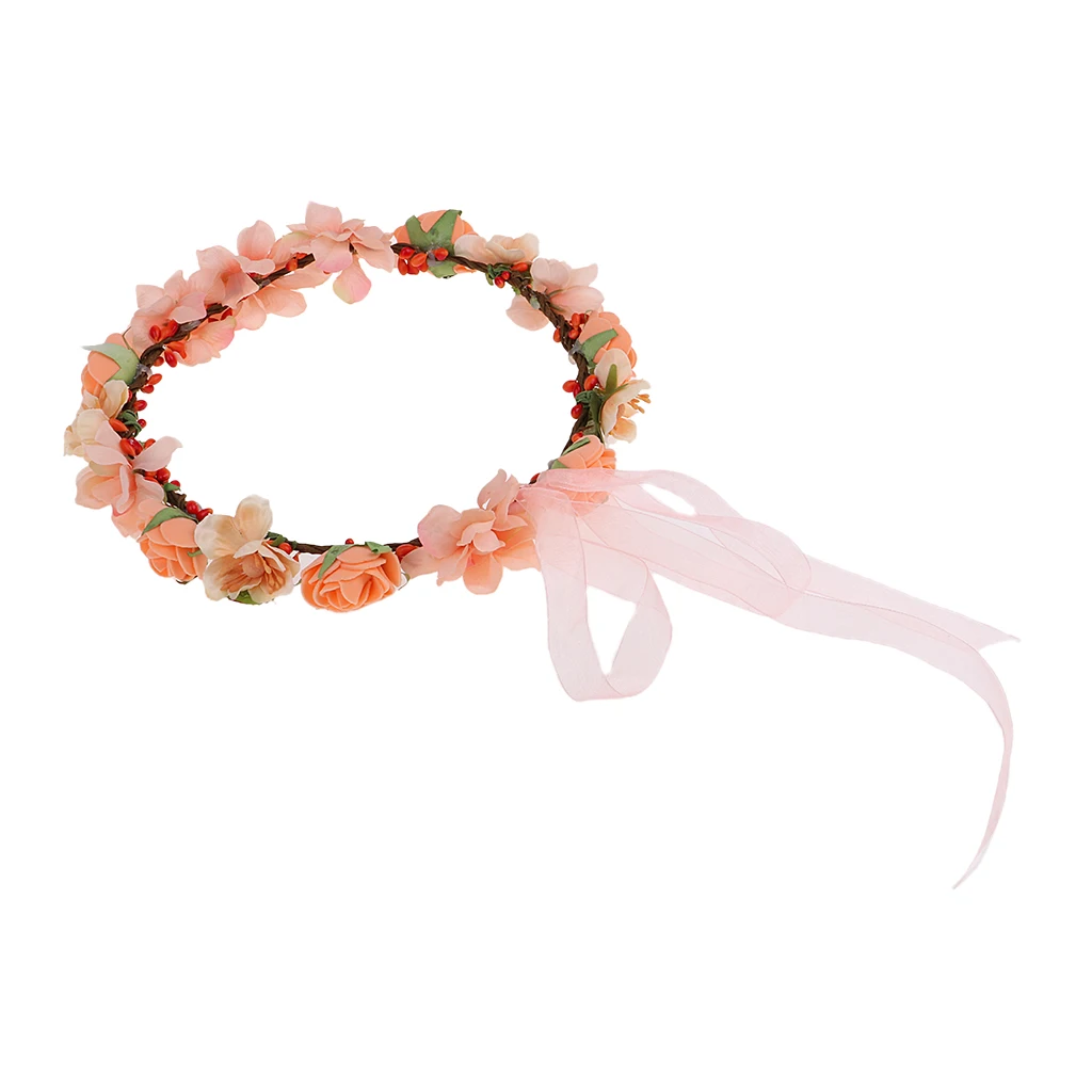 Women Ladies Orange Flower Headband Crown Wedding Bridal Hair Wreath Floral Garland Summer Beach Travel Hair Accessory