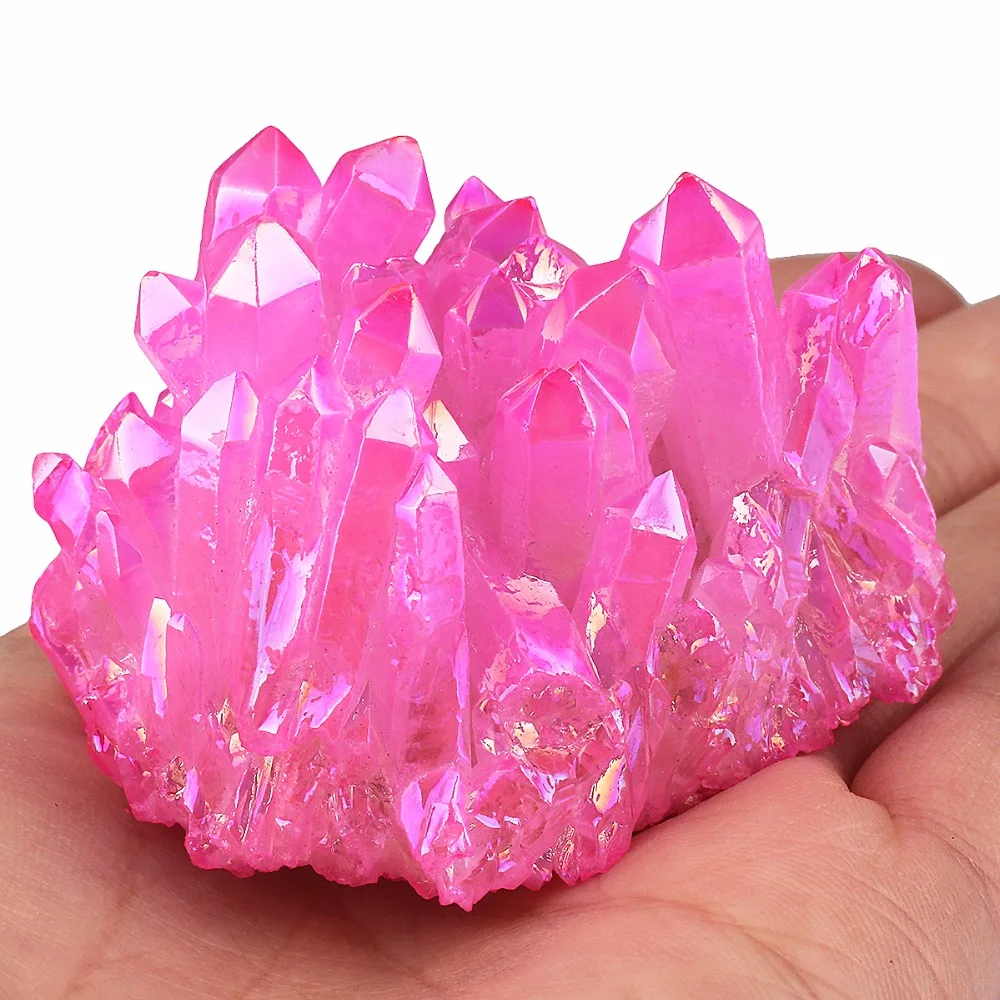 TUMBEELLUWA Hot Pink Angel Aura Titanium Coated Natural Crystal Cluster Stone Specimen Figurine