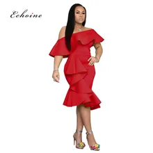 Echoine Elegant Dress Women Cascading Ruffle Oblique Collar Off Shoulder Irregular Hem Party Evening Dames Vestido Woman Clothes oblique shoulder ruffle trim knot cuff spot blouse